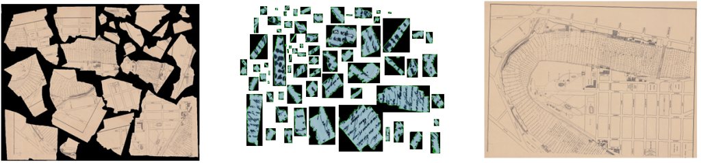 Torn document fragments, detected fragment pieces and a reconstructed historical map